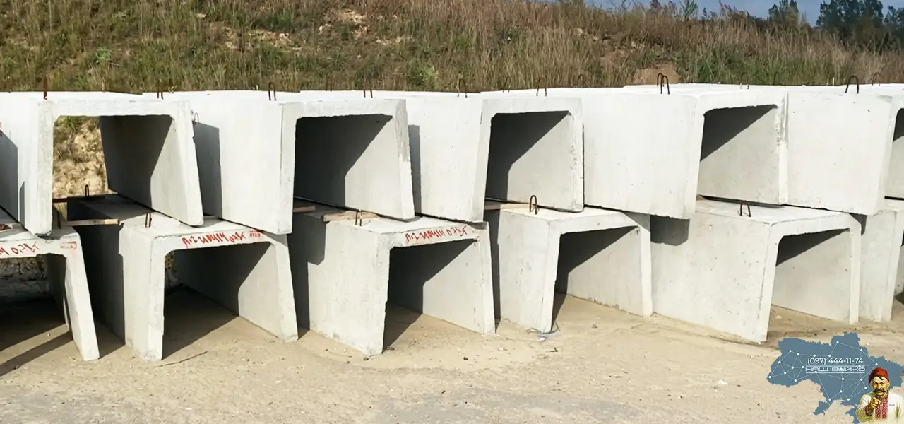 лотки бетонні для проведення підземних та наземних мереж комунікацій за допомогою труб або кабелів, а також лотки залізобетонні для відведення стічних вод