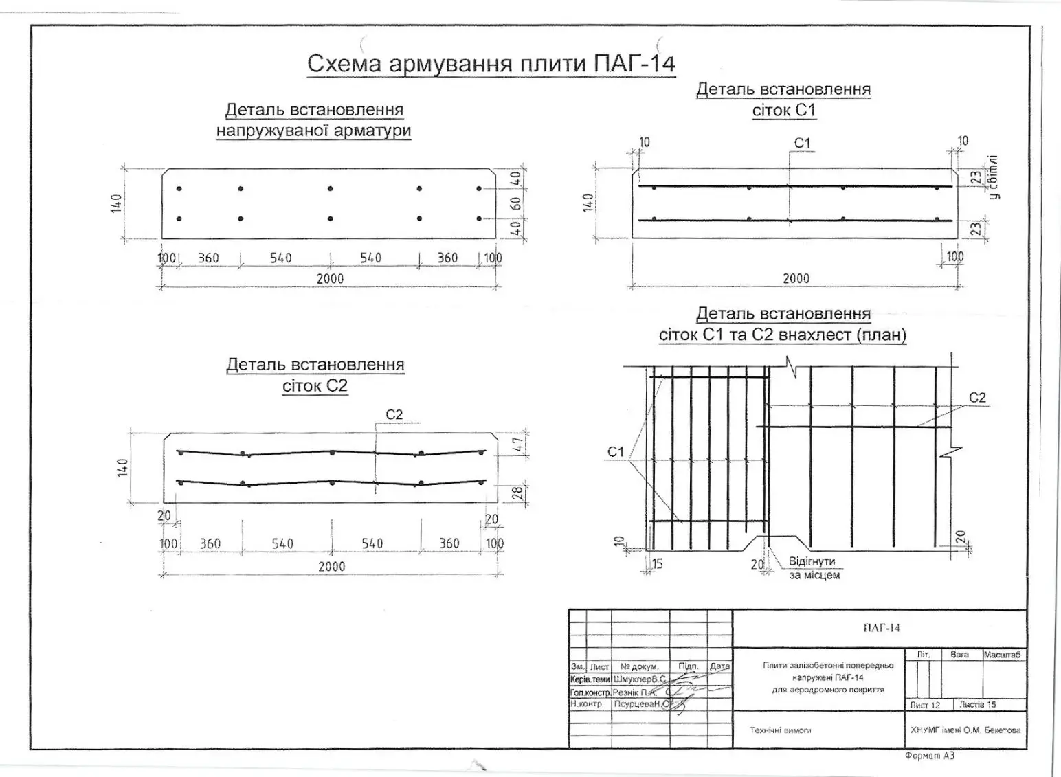 схема розміщення армування деталі напружуваної арматури та сіток в ПАГ